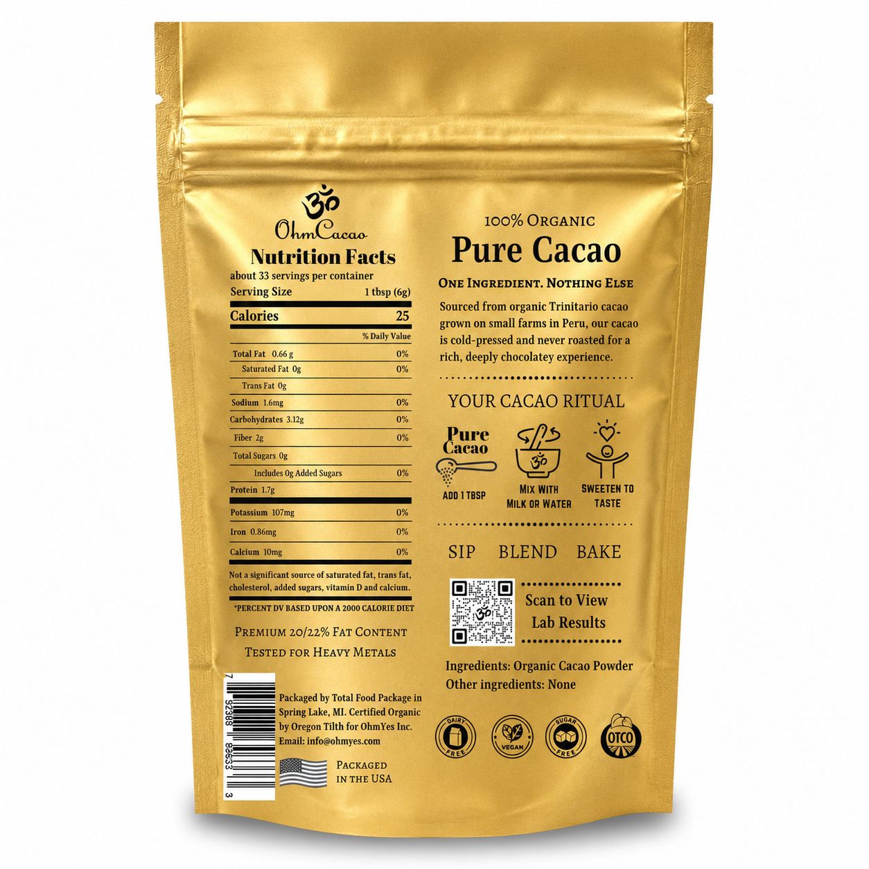 Organic Pure Cacao Powder – Raw, Cold-Pressed, Unsweetened | 33 Servings (7oz) | OhmYes
