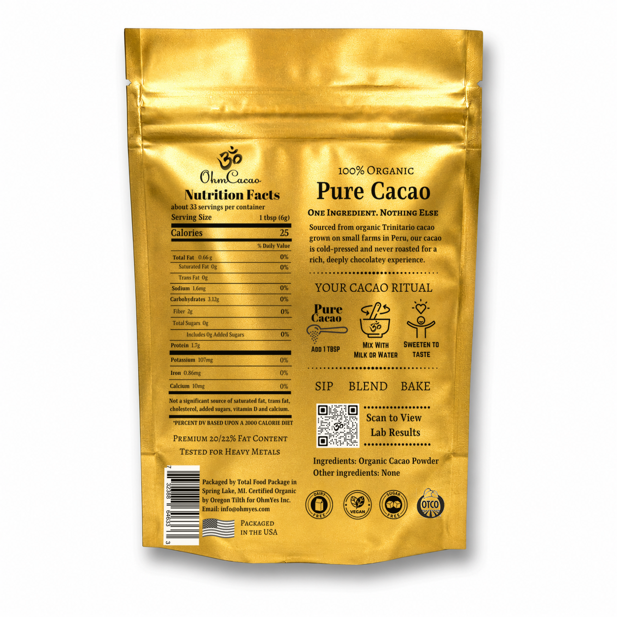 Organic Pure Cacao Powder – Raw, Cold-Pressed, Unsweetened | 33 Servings (7oz) | OhmYes